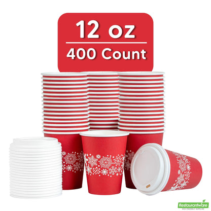 Wholesale Restaurantware 12 Oz Red Christmas Snowflakes Single Wall Coffee Cup - with Lid- Bulk