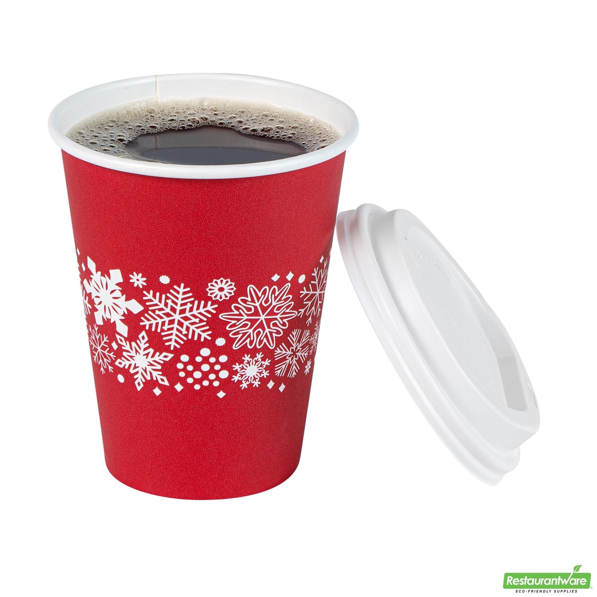 Wholesale Restaurantware 12 Oz Red Christmas Snowflakes Single Wall Coffee Cup - with Lid- Bulk