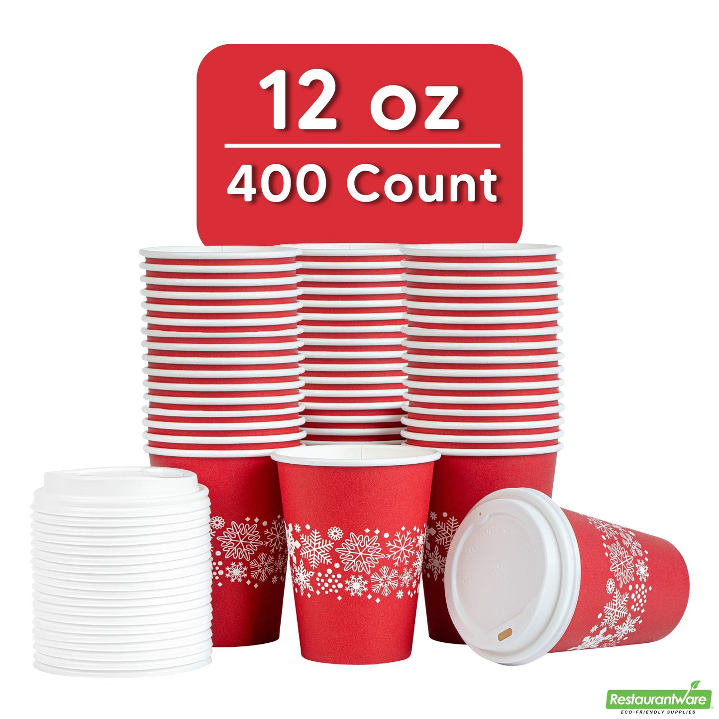 Wholesale Restaurantware 12 Oz Red Christmas Snowflakes Single Wall Coffee Cup - with Lid- Bulk