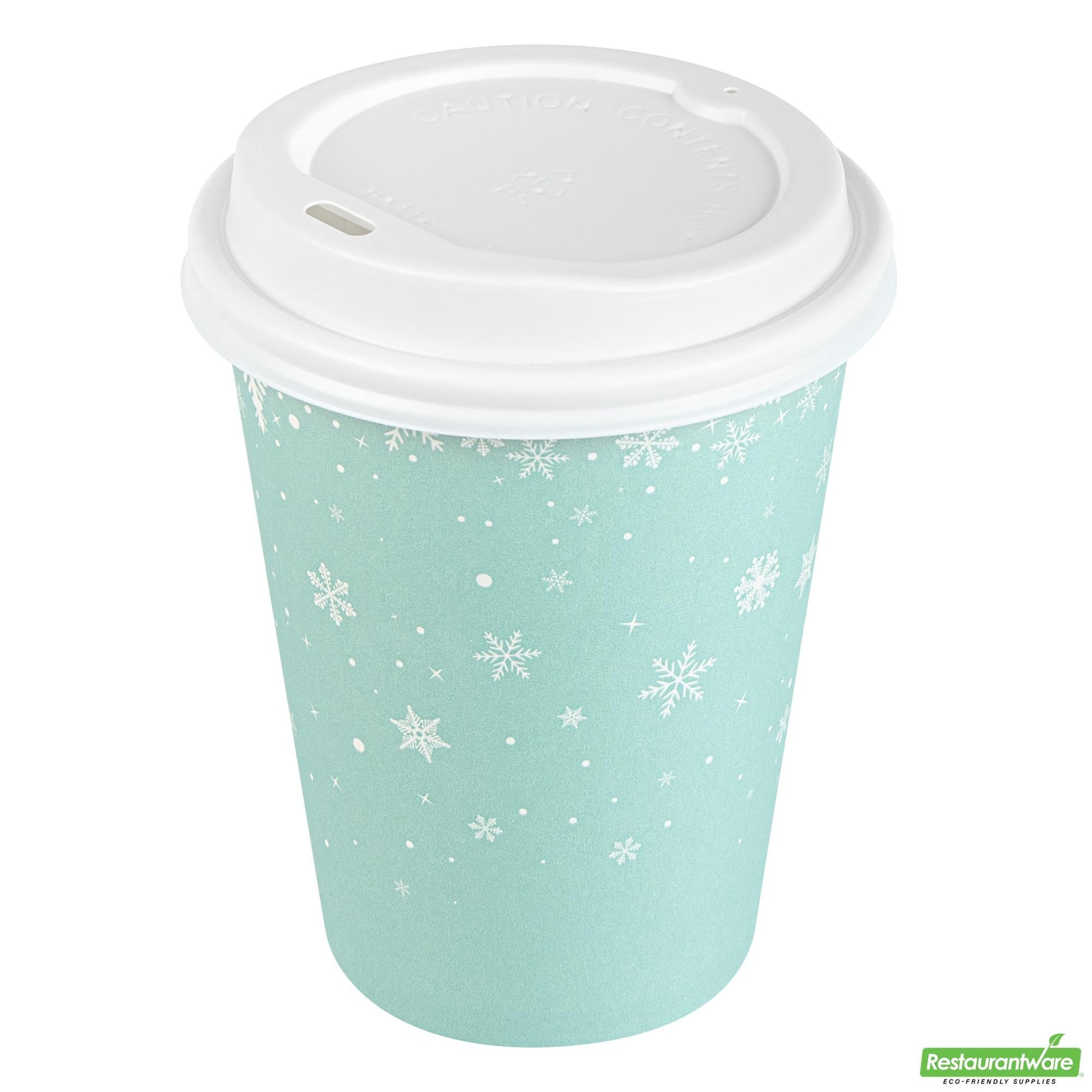 Wholesale Restaurantware 12 Oz Blue Christmas Snowflakes Single Wall Coffee Cup - with Lid- Bulk