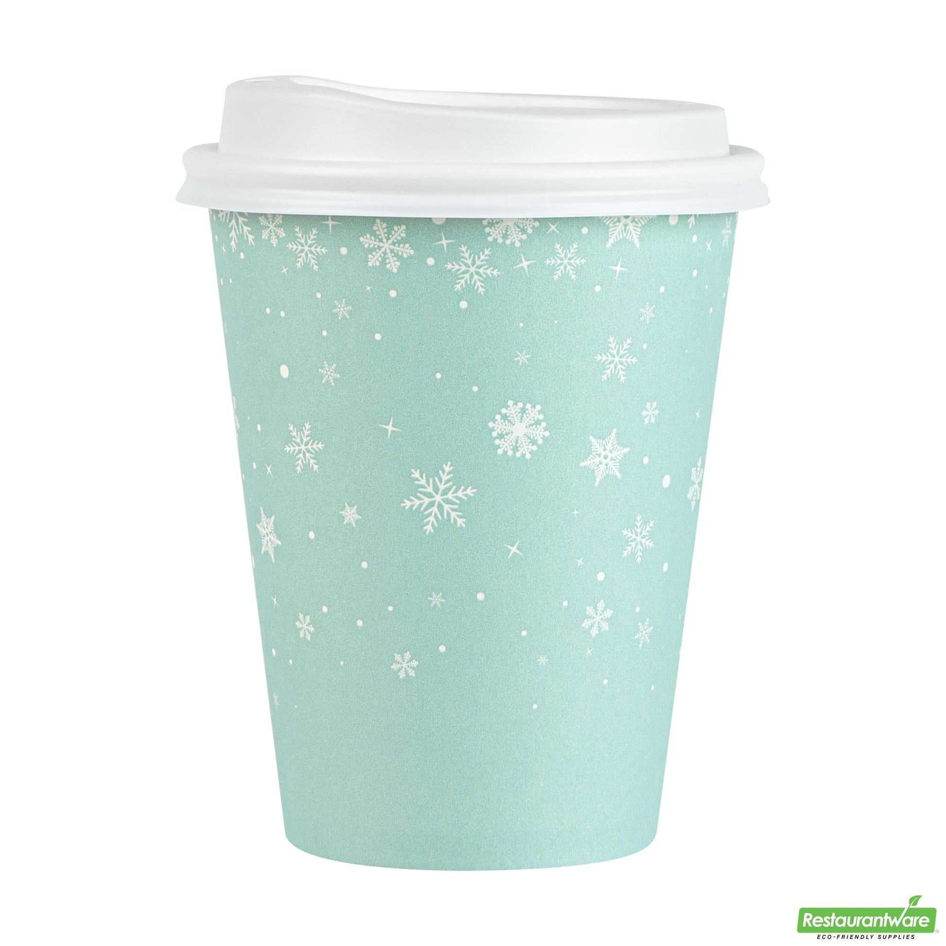 Wholesale Restaurantware 12 Oz Blue Christmas Snowflakes Single Wall Coffee Cup - with Lid- Bulk