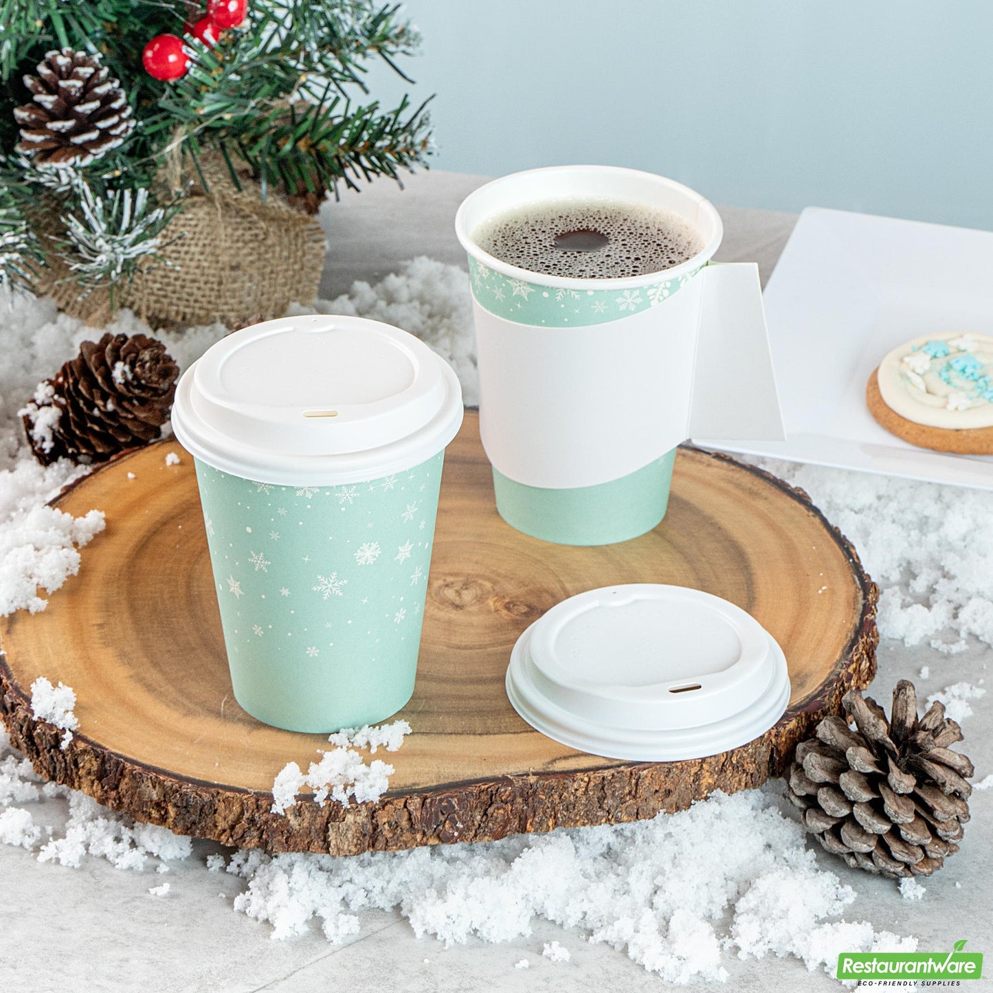 Wholesale Restaurantware 12 Oz Blue Christmas Snowflakes Single Wall Coffee Cup - with Lid- Bulk