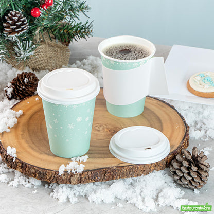 Wholesale Restaurantware 12 Oz Blue Christmas Snowflakes Single Wall Coffee Cup - with Lid- Bulk
