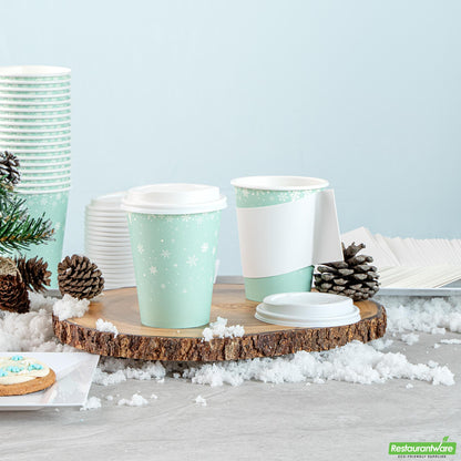Wholesale Restaurantware 12 Oz Blue Christmas Snowflakes Single Wall Coffee Cup - with Lid- Bulk