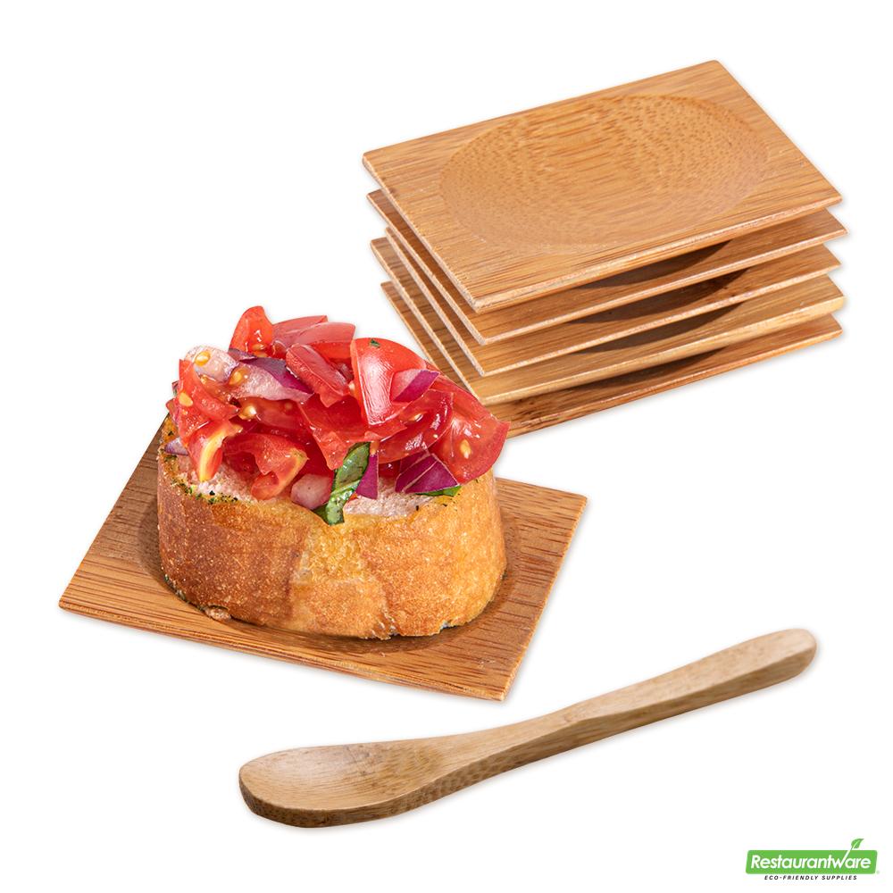 Wholesale Restaurantware Bundle: 100 Rectangle Natural 3 Bamboo Dishes and 100 Mini Spoons- Bulk