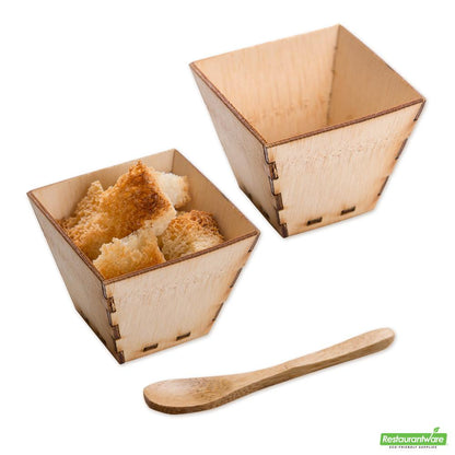 Wholesale Restaurantware Bundle: 100 2 Oz Square Natural Bamboo Mini Kova Cups and 100 Mini Spoons- Bulk