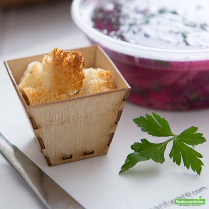Wholesale Restaurantware Bundle: 100 2 Oz Square Natural Bamboo Mini Kova Cups and 100 Mini Spoons- Bulk