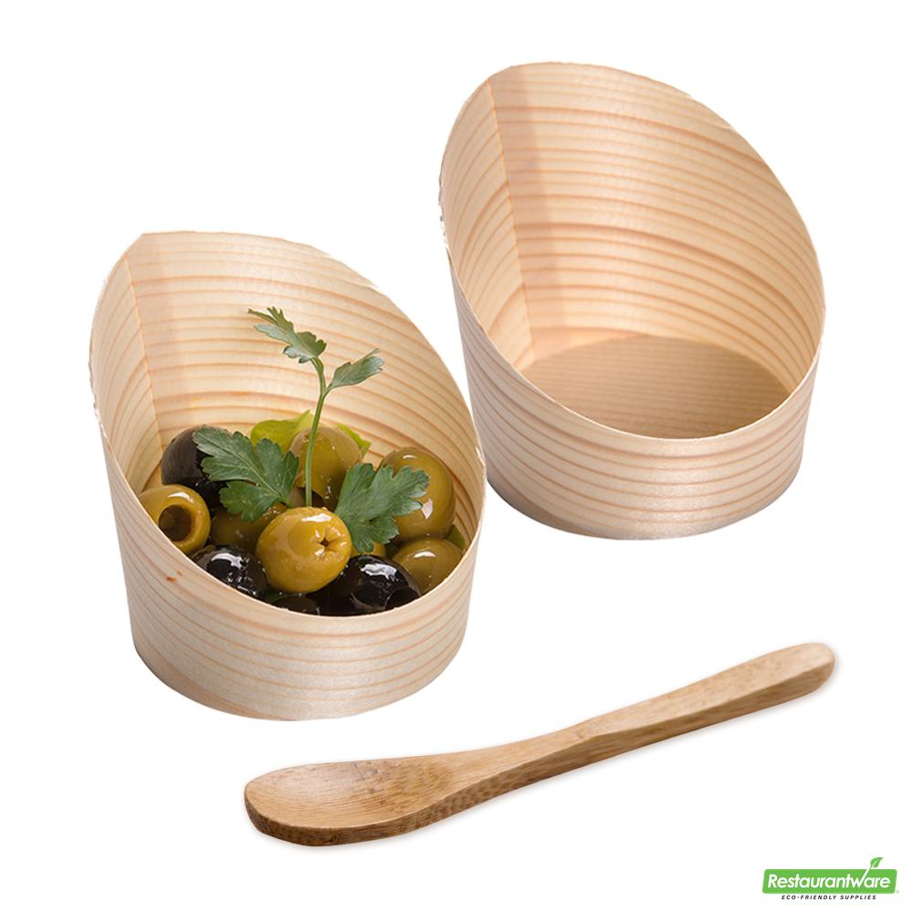 Wholesale Restaurantware Bundle: 100 4 Oz Round Natural Wood Mini Incline Cups and 100 Mini Spoons- Bulk