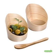 Wholesale Restaurantware Bundle: 100 4 Oz Round Natural Wood Mini Incline Cups and 100 Mini Spoons- Bulk