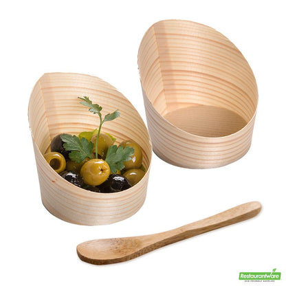 Wholesale Restaurantware Bundle: 100 4 Oz Round Natural Wood Mini Incline Cups and 100 Mini Spoons- Bulk