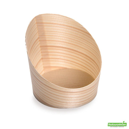 Wholesale Restaurantware Bundle: 100 4 Oz Round Natural Wood Mini Incline Cups and 100 Mini Spoons- Bulk