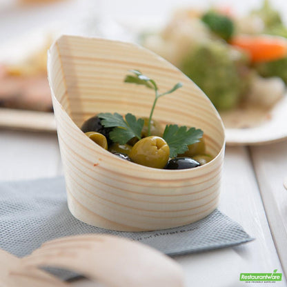 Wholesale Restaurantware Bundle: 100 4 Oz Round Natural Wood Mini Incline Cups and 100 Mini Spoons- Bulk