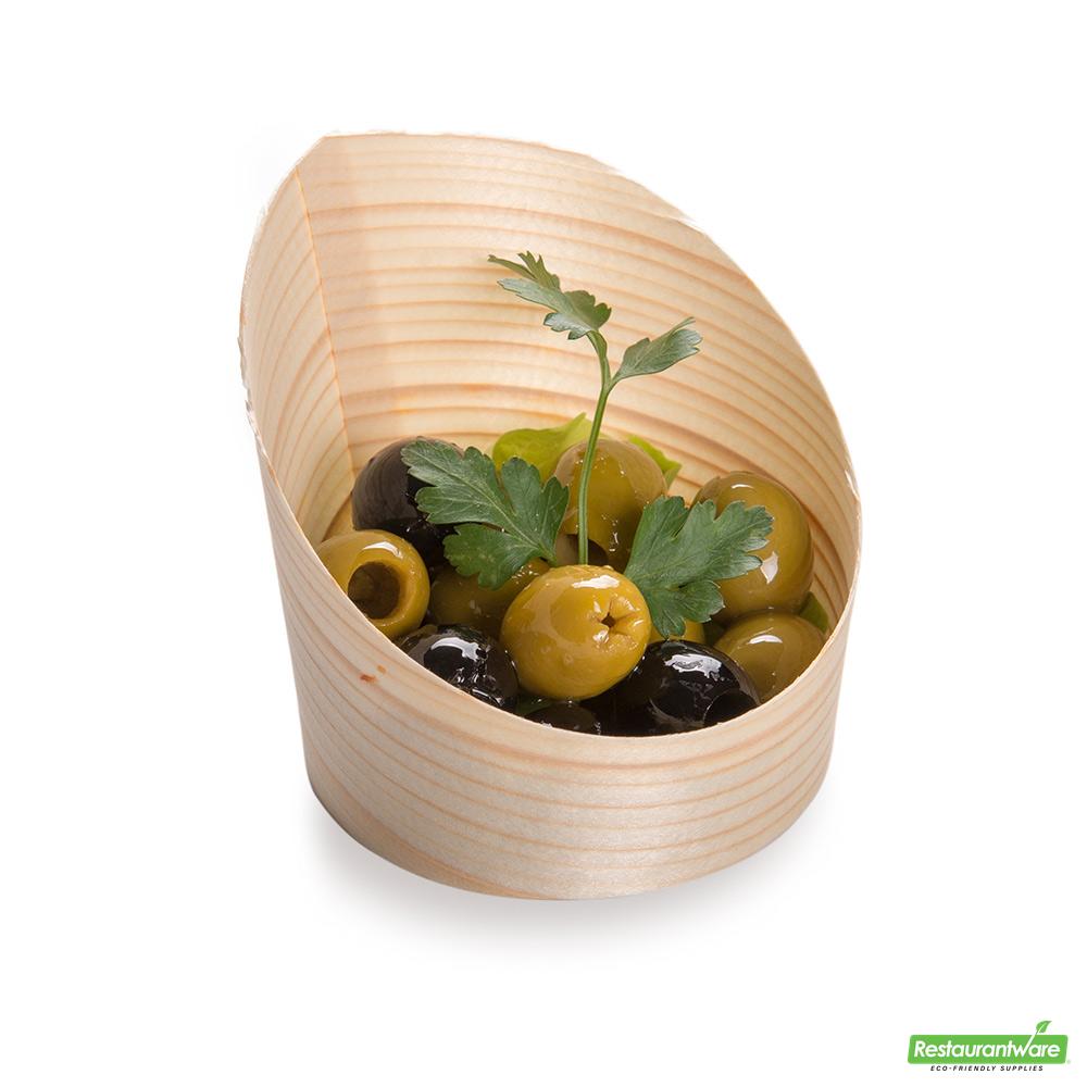 Wholesale Restaurantware Bundle: 100 4 Oz Round Natural Wood Mini Incline Cups and 100 Mini Spoons- Bulk