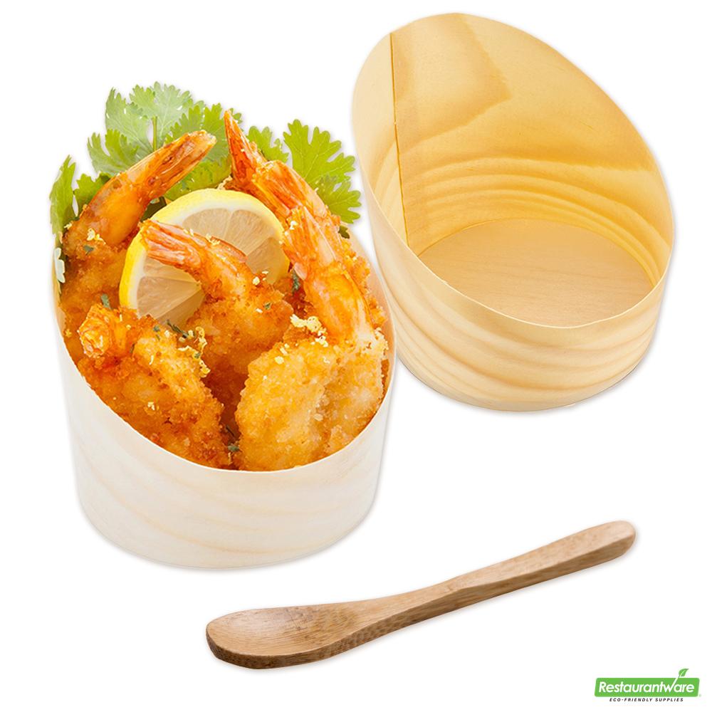 Wholesale Restaurantware Bundle: 100 7 Oz Round Natural Wood Incline Cups and 100 Mini Spoons- Bulk