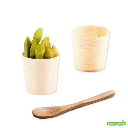 Wholesale Restaurantware Bundle: 200 1 Oz Natural Shaved Pinewood Mini Cups and 200 Mini Spoons- Bulk