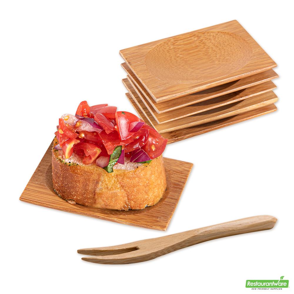 Wholesale Restaurantware Bundle: 100 Rectangle Natural 3 Bamboo Dishes and 100 Mini Forks- Bulk