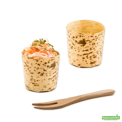 Wholesale Restaurantware Bundle: 200 2 Oz Round Natural Bamboo Mini Cups and 200 Mini Forks- Bulk