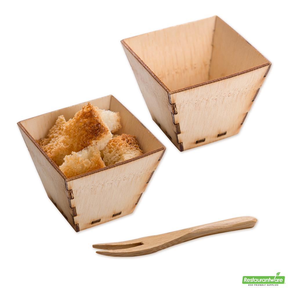 Wholesale Restaurantware Bundle: 100 2 Oz Square Natural Bamboo Mini Kova Cups and 100 Mini Forks- Bulk