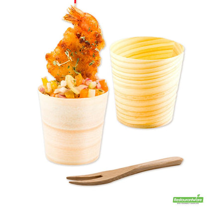 Wholesale Restaurantware Bundle: 200 3 Oz Round Natural Shaved Pinewood Cups and 200 Mini Forks- Bulk