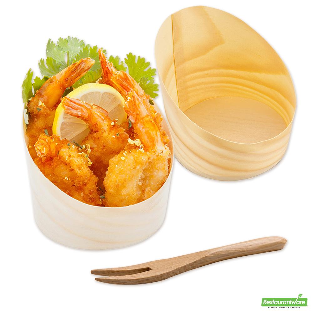 Wholesale Restaurantware Bundle: 100 7 Oz Round Natural Wood Incline Cups and 100 Mini Forks- Bulk