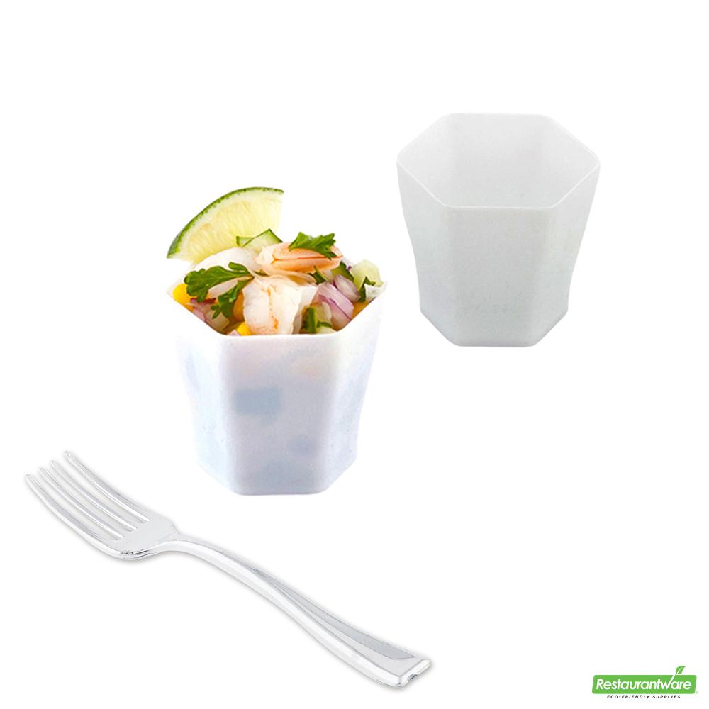 Wholesale Restaurantware Bundle: 100 2 Oz Hexagon White Plastic Glass and 100 Mini Forks- Bulk