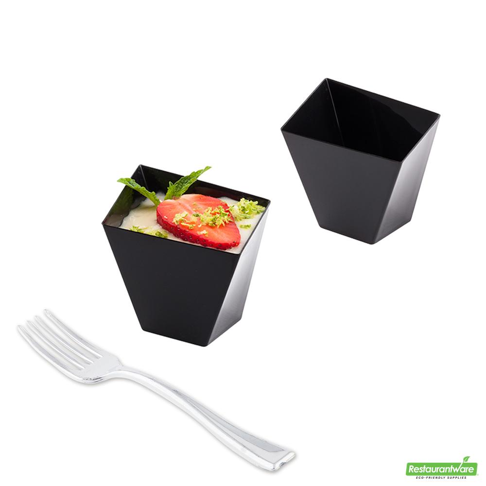Wholesale Restaurantware Bundle: 100 2 Oz Black Plastic Girata Dessert Dish and 100 Mini Forks- Bulk