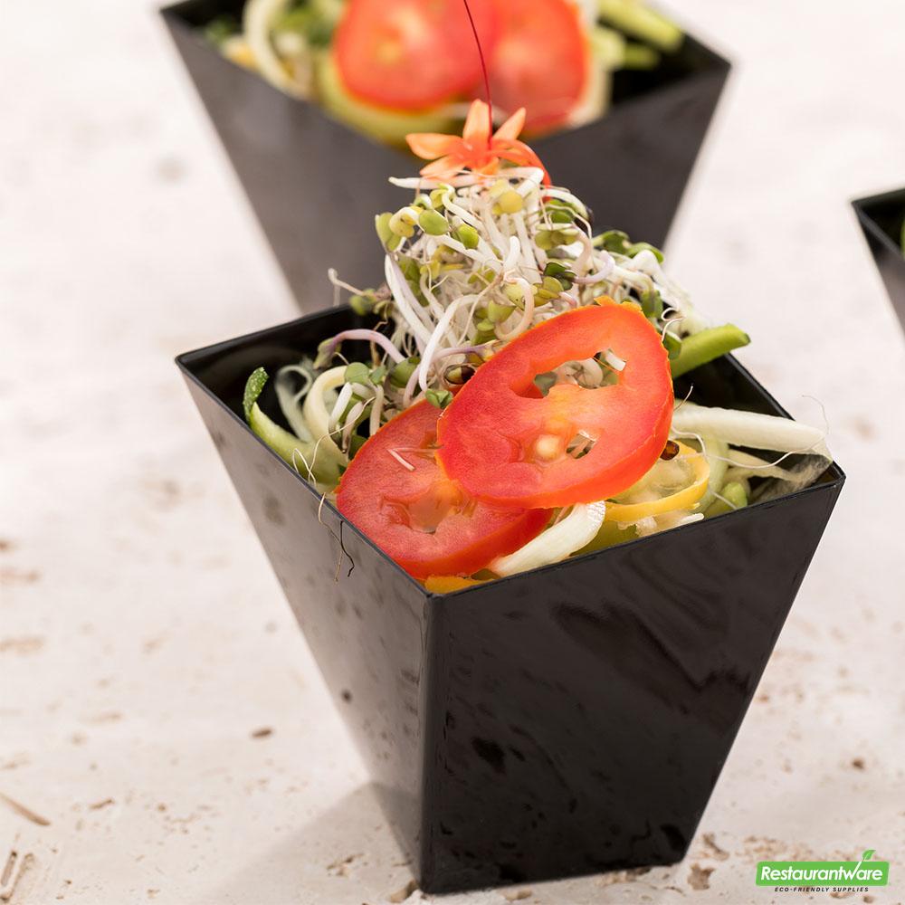 Wholesale Restaurantware Bundle: 100 2 Oz Black Plastic Girata Dessert Dish and 100 Mini Forks- Bulk
