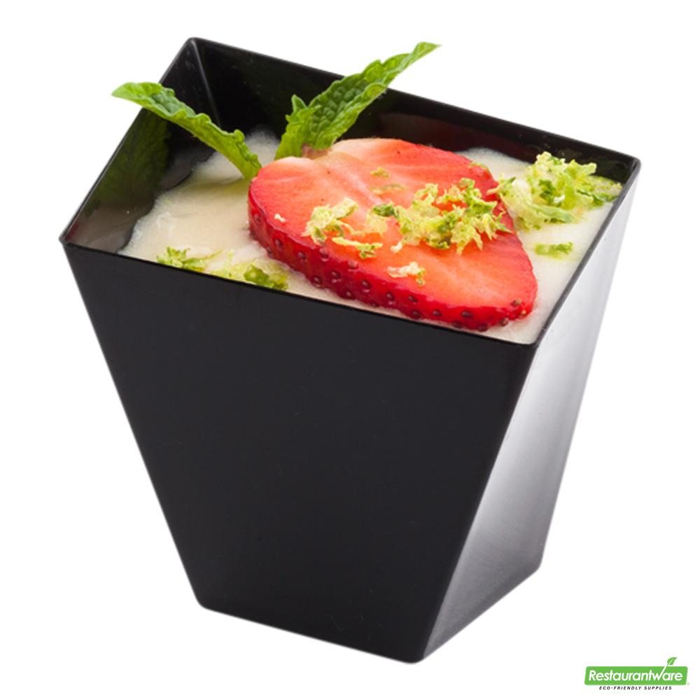Wholesale Restaurantware Bundle: 100 2 Oz Black Plastic Girata Dessert Dish and 100 Mini Forks- Bulk