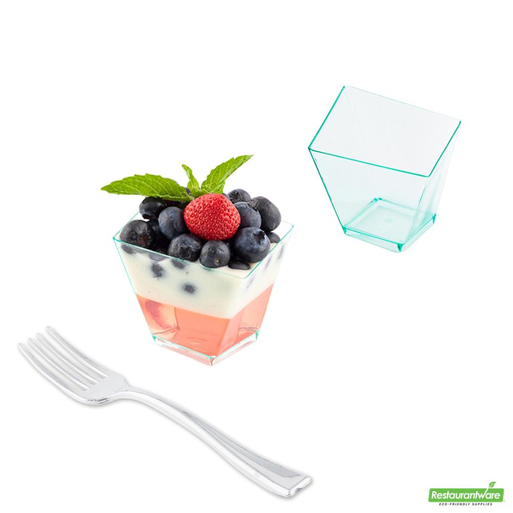 Wholesale Restaurantware Bundle: 100 2 Oz Seagreen Plastic Girata Dessert Dish and 100 Mini Forks- Bulk