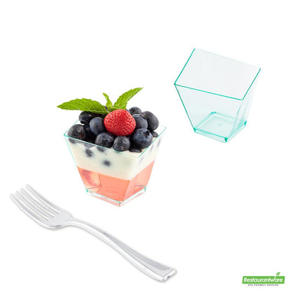 Wholesale Restaurantware Bundle: 100 2 Oz Seagreen Plastic Girata Dessert Dish and 100 Mini Forks- Bulk