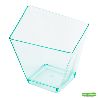 Wholesale Restaurantware Bundle: 100 2 Oz Seagreen Plastic Girata Dessert Dish and 100 Mini Forks- Bulk