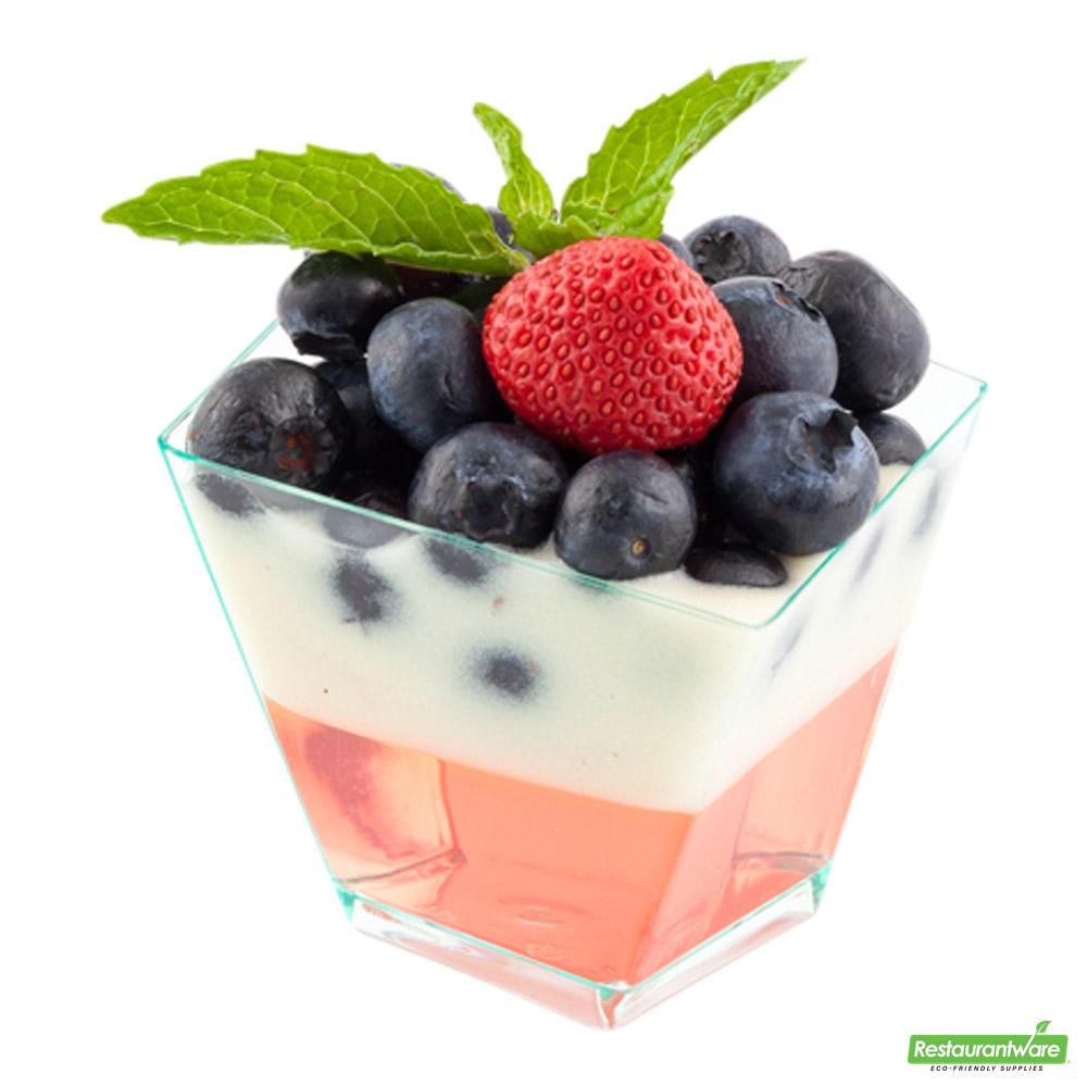 Wholesale Restaurantware Bundle: 100 2 Oz Seagreen Plastic Girata Dessert Dish and 100 Mini Forks- Bulk