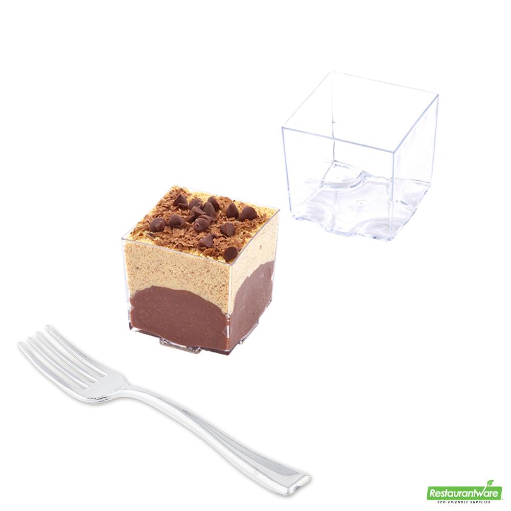 Wholesale Restaurantware Bundle: 100 3 Oz Square Clear Plastic Quadrato Cups and 100 Mini Forks- Bulk