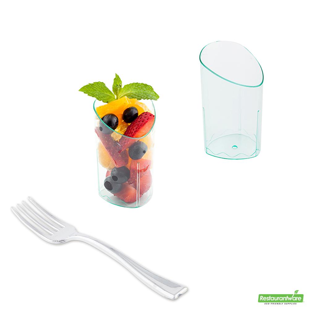 Wholesale Restaurantware Bundle: 100 3 Oz Seagreen Plastic Triangolo Shot Glass and 100 Mini Forks- Bulk