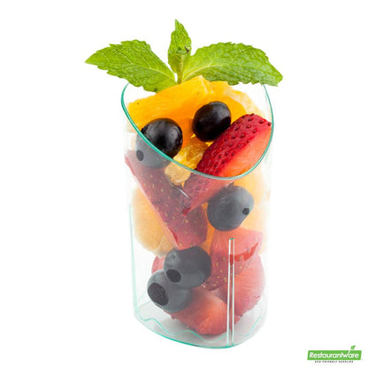 Wholesale Restaurantware Bundle: 100 3 Oz Seagreen Plastic Triangolo Shot Glass and 100 Mini Forks- Bulk