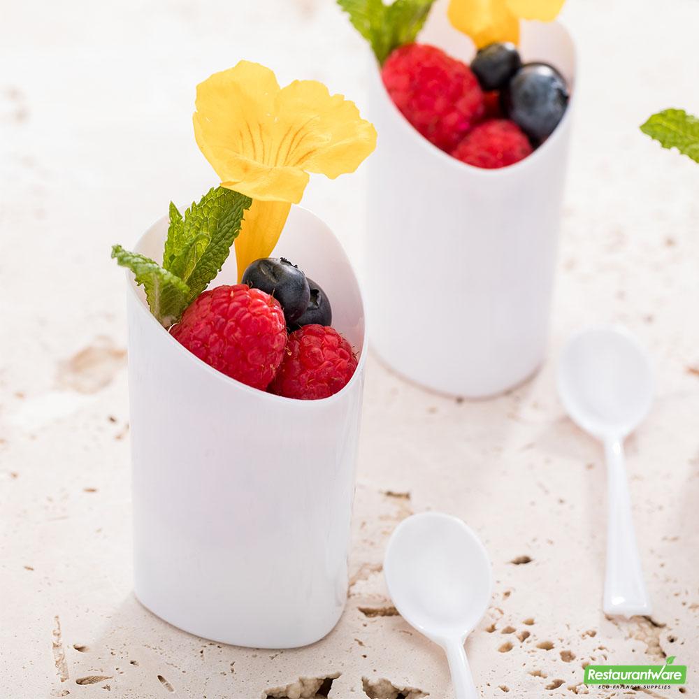 Wholesale Restaurantware Bundle: 100 3 Oz White Plastic Triangolo Shot Glass and 100 Mini Forks- Bulk