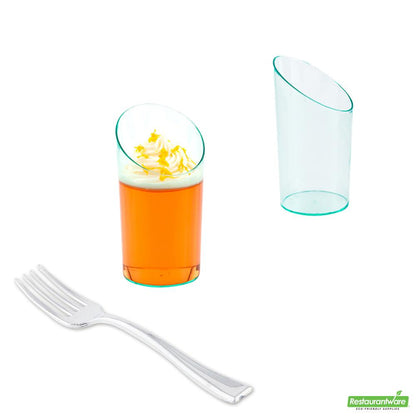 Wholesale Restaurantware Bundle: 100 3 Oz Seagreen Plastic Incline Shot Glass and 100 Mini Forks- Bulk
