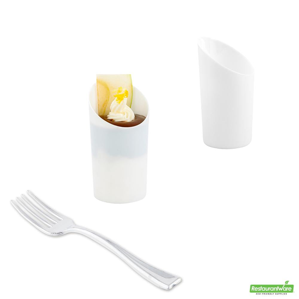 Wholesale Restaurantware Bundle: 100 3 Oz White Plastic Incline Shot Glass and 100 Mini Forks- Bulk
