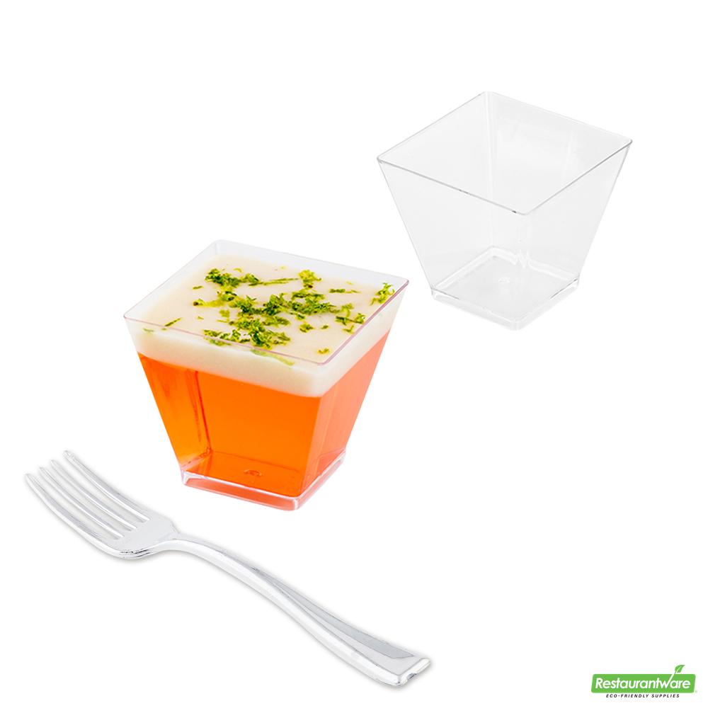 Wholesale Restaurantware Bundle: 300 2 Oz Square Clear Plastic Mini Kova Cups and 300 Mini Forks- Bulk