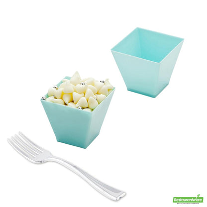 Wholesale Restaurantware Bundle: 100 2 Oz Baby Blue Plastic Mini Kova Cups and 100 Mini Forks- Bulk
