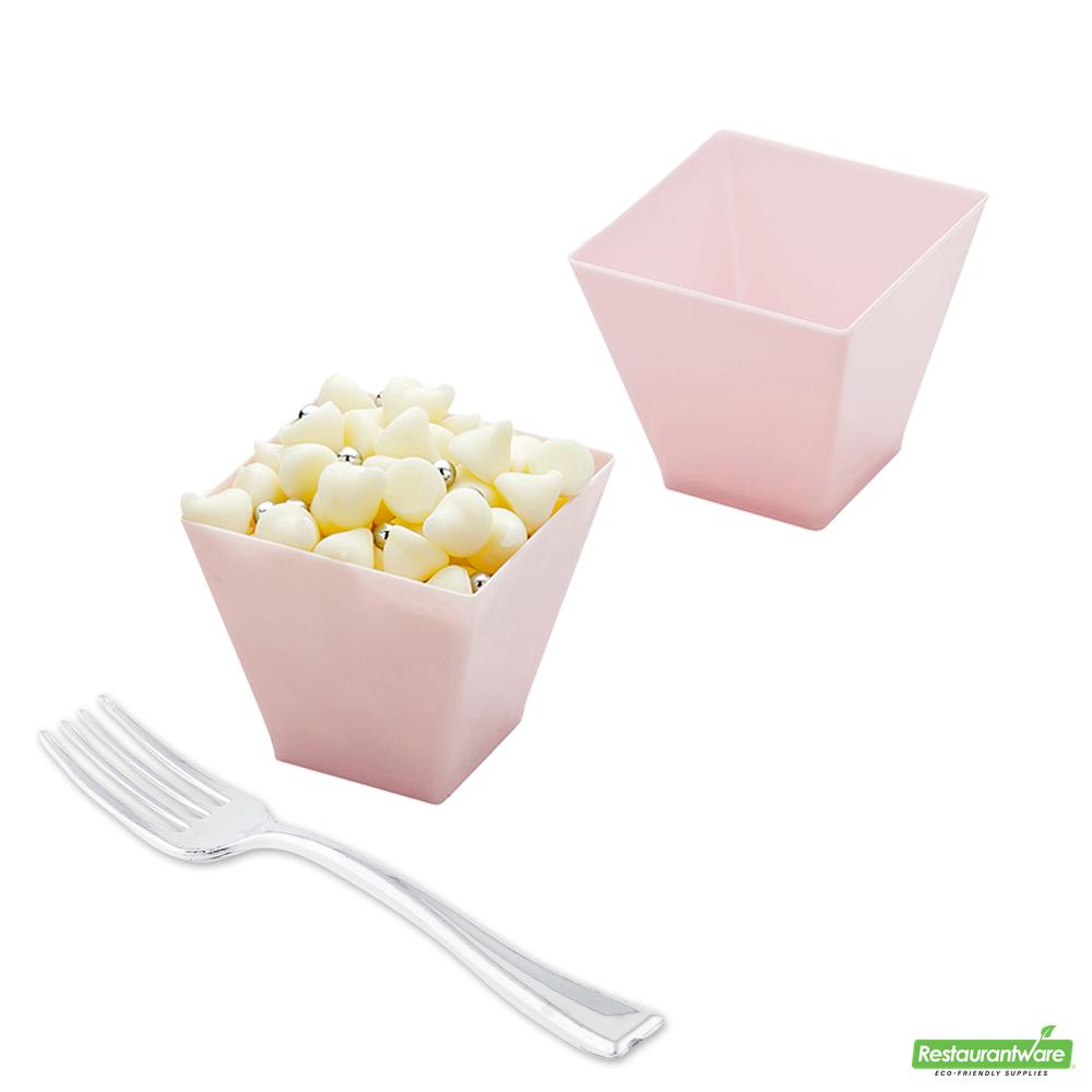 Wholesale Restaurantware Bundle: 100 2 Oz Powder Pink Plastic Mini Kova Cups and 100 Mini Forks- Bulk