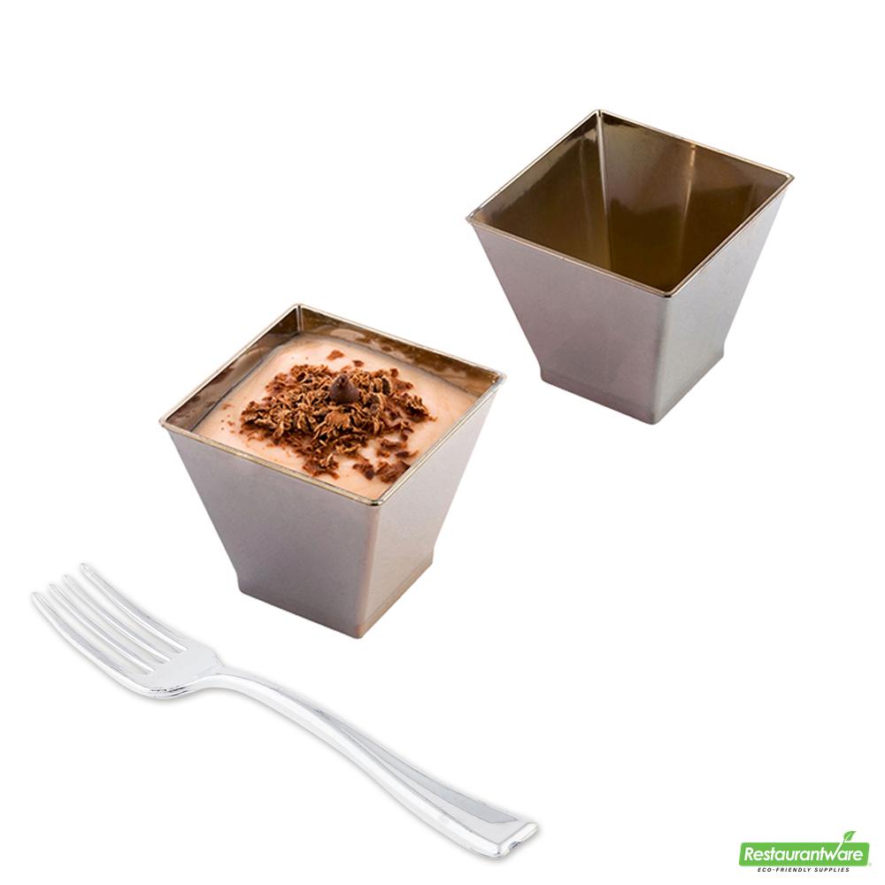 Wholesale Restaurantware Bundle: 100 2 Oz Square Silver Plastic Mini Kova Cups and 100 Mini Forks- Bulk