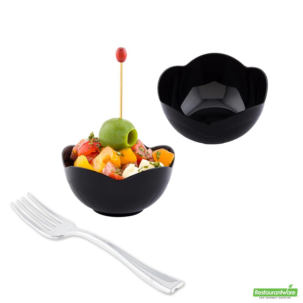 Wholesale Restaurantware Bundle: 100 2 Oz Round Black Plastic Le Fleur Cups and 100 Mini Forks- Bulk