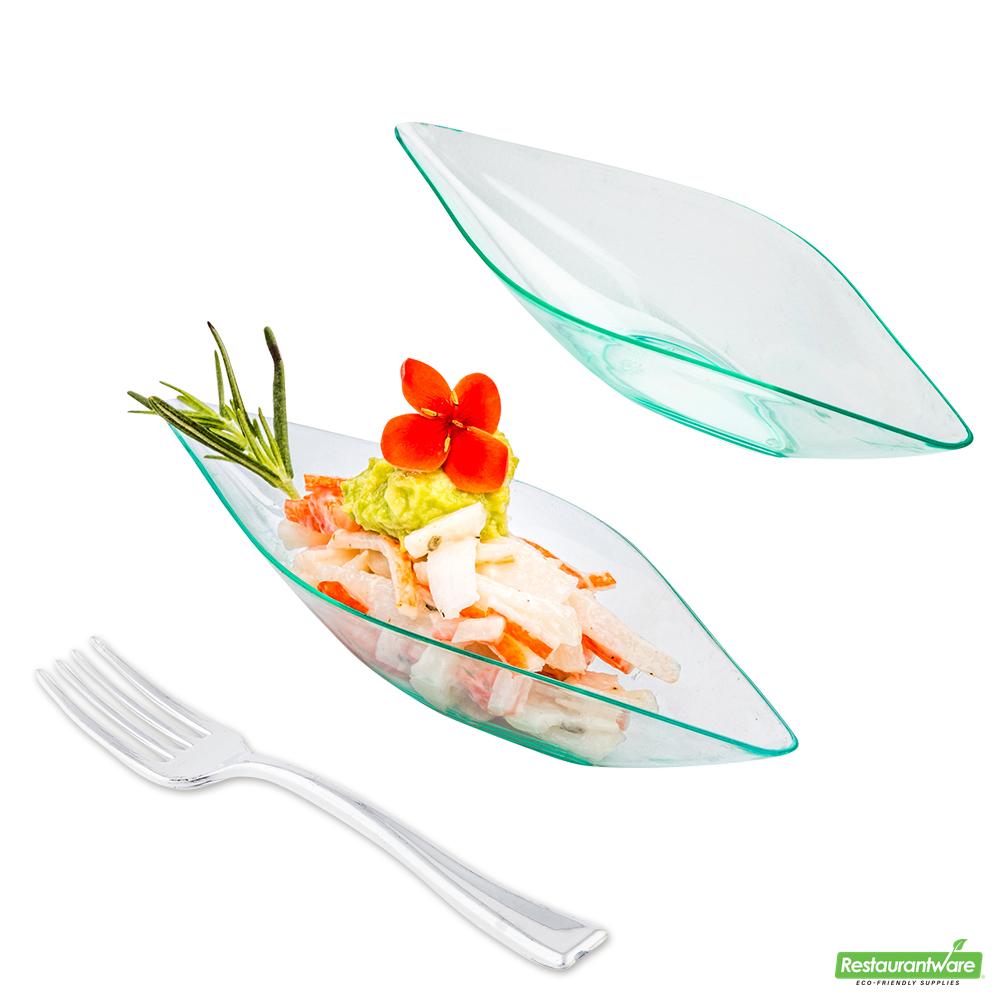 Wholesale Restaurantware Bundle: 100 Diamond Seagreen 5 Plastic Canoe Dish and 100 Mini Forks- Bulk