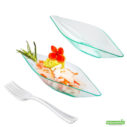 Wholesale Restaurantware Bundle: 100 Diamond Seagreen 5 Plastic Canoe Dish and 100 Mini Forks- Bulk