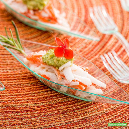 Wholesale Restaurantware Bundle: 100 Diamond Seagreen 5 Plastic Canoe Dish and 100 Mini Forks- Bulk