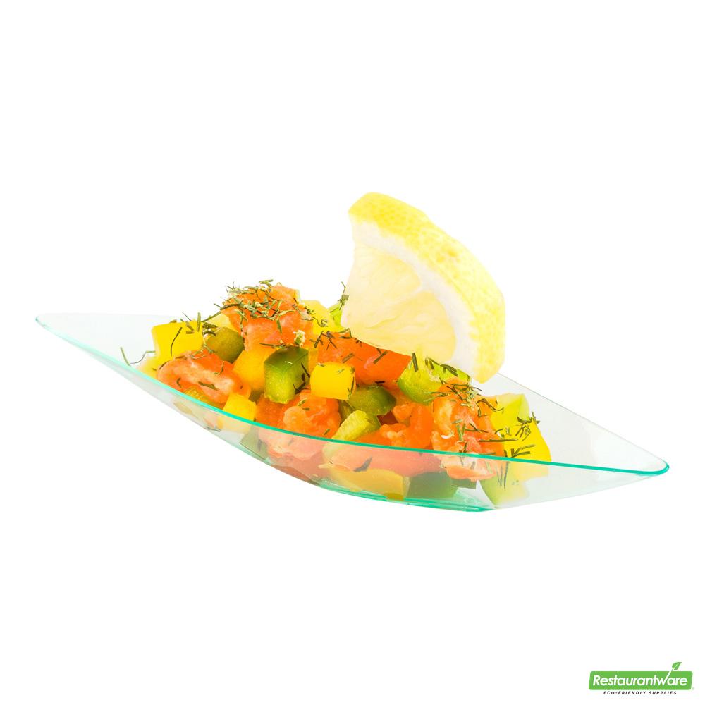 Wholesale Restaurantware Bundle: 100 Diamond Seagreen 5 Plastic Canoe Dish and 100 Mini Forks- Bulk