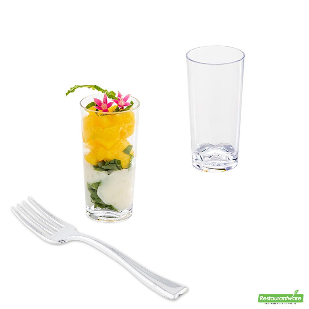 Wholesale Restaurantware Bundle: 100 2 Oz Clear Plastic Cannello Shot Glass and 100 Mini Forks- Bulk