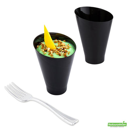 Wholesale Restaurantware Bundle: 100 7 Oz Round Black Plastic Incline Glass and 100 Mini Forks- Bulk