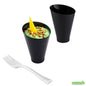 Wholesale Restaurantware Bundle: 100 7 Oz Round Black Plastic Incline Glass and 100 Mini Forks- Bulk